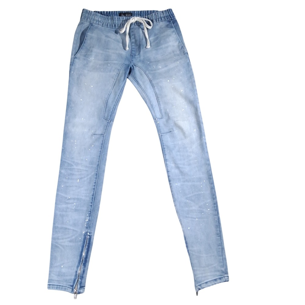 PacSun Active Stretch Skinny Jogger Jeans Blue Paint Spatter Ankle Zip Womens SM